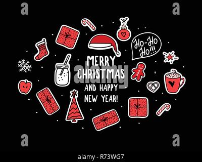Nouveau vecteur de l'année pour la carte, la bannière. Symboles de noël vacances design. Stikers sur fond sombre. Illustration de Vecteur