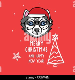 Loup vecteur personnage avec des lunettes. Joyeux Noël. Carte avec tête d'animal mignon isolé sur rouge. Maison de vacances design dessiné à la main Illustration de Vecteur