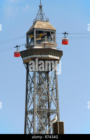 Tramway Aérien Port Vell, Barcelone, Espagne. Le Tramway traverse le Port Vell, Barcelone, le vieux port, la connexion avec le bord de la colline de Montjuic subu Banque D'Images