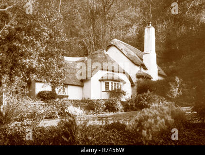 Photographie sépia prise sur un négatif papier dans un appareil photo à plaque de 7 x 5 pouces en 2018 d'un chalet de chaume sur Selworthy Green à Exmoor, Somerset Royaume-Uni. Banque D'Images