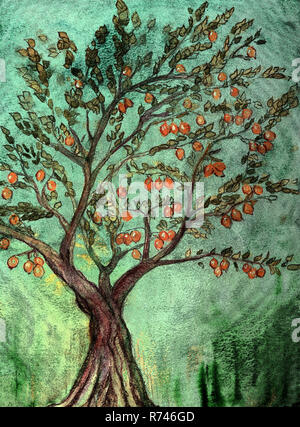 Arbre fruitier rustique avec des oranges et fond vert. La technique du badigeonnage près des bords donne un effet de flou dû à la surface altérée roughne Banque D'Images