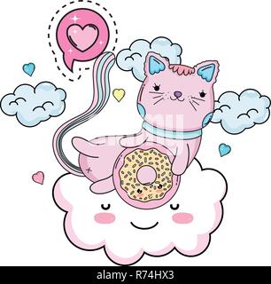 Chat mignon avec donut dans le cloud Illustration de Vecteur