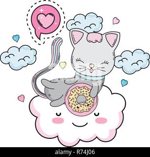 Chat mignon avec donut dans le cloud Illustration de Vecteur