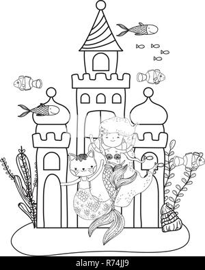 Mignon purrmaid avec sirène et château Illustration de Vecteur