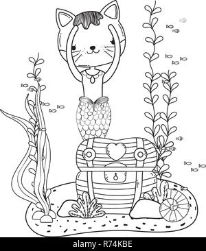 Purrmaid avec coffre de trésor scène sous-marine Illustration de Vecteur