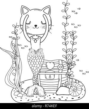 Purrmaid avec coffre de trésor scène sous-marine Illustration de Vecteur