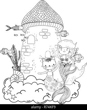 Mignon purrmaid avec sirène et château Illustration de Vecteur