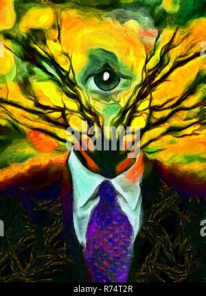 Peinture surréaliste. La figure de l'homme en costume avec des branches d'arbre et l'œil qui voit tout au lieu de tête. Banque D'Images