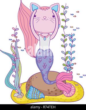 Mignon purrmaid scène sous-marine Illustration de Vecteur