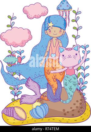 Mignon purrmaid et mermaid scène sous-marine Illustration de Vecteur