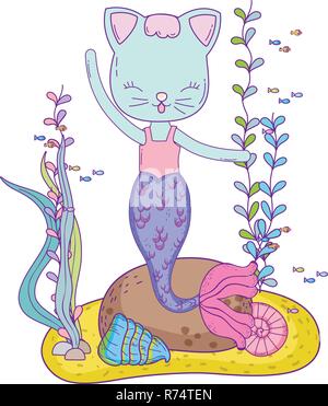 Mignon purrmaid scène sous-marine Illustration de Vecteur