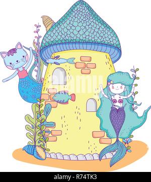 Mignon purrmaid avec sirène et château Illustration de Vecteur