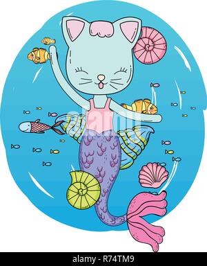 Mignon purrmaid scène sous-marine Illustration de Vecteur