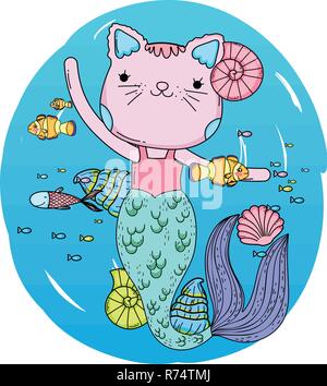 Mignon purrmaid scène sous-marine Illustration de Vecteur