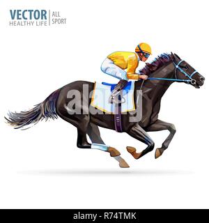 Jockey sur course de chevaux. Champion. Hippodrome. Hippodrome. Aller de course. L'équitation. Vector illustration. Derby. Isolé sur fond blanc Illustration de Vecteur