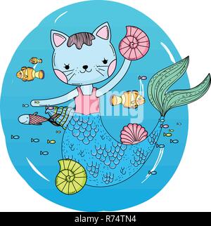 Mignon purrmaid scène sous-marine Illustration de Vecteur