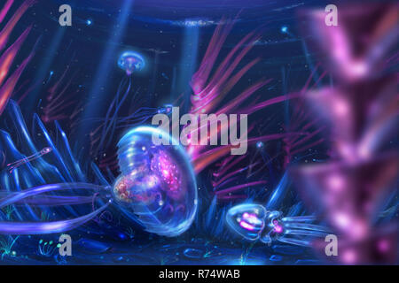 Concept Art Peinture Fantasy onirique de méduses comme Créatures nageant dans Ocean Banque D'Images