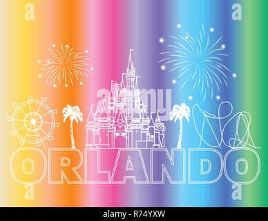 Orlando lettrage blanc sur fond coloré . Scénario avec icônes de voyage et d'artifice. Carte postale de voyage. Illustration de Vecteur