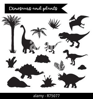 Ensemble Noir dinosaure avec des plantes isolé sur un fond blanc.créature sauvage.Prédateur animal Reptile.période Dinosaure Illustration de Vecteur