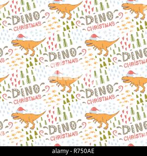 Dino.Vector pattern pattern transparente avec Tyrannosaurus in Santa hat rouge sur un fond blanc.créature sauvage dinosaure prédateur..période Noël Dino.R Illustration de Vecteur