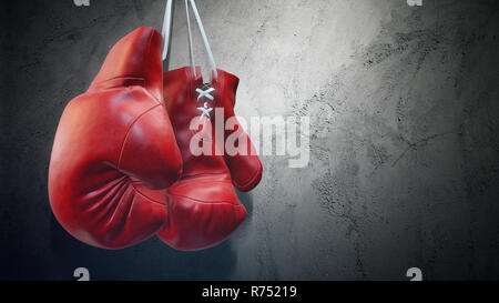 Old Red boxing gloves accrocher au clou sur texture mur avec copie espace pour le texte. Rendu 3D haute résolution Banque D'Images