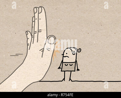 Grande main avec personnage - Panneau d'arrêt face à une femme- illustration sur papier brun texturé Banque D'Images