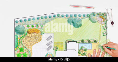 Plan d'architecte paysagiste jardin conception de villa Banque D'Images