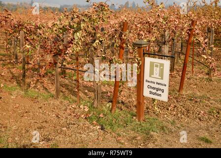 Inscrivez-vous à la station de recharge de véhicules électriques EV de parkings, de la vigne le long de la route de Quivira Vignobles, Healdsburg, CA, USA Banque D'Images