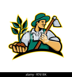 Organic Farmer Holding Plant Mascot Banque D'Images