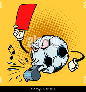 Carte rouge de sifflet de l'arbitre. Ballon de soccer de football. Personnage drôle Banque D'Images