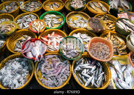 Poissons et fruits de mer frais market stall afficher dans xiamen chine Banque D'Images