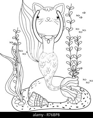 Mignon purrmaid scène sous-marine Illustration de Vecteur