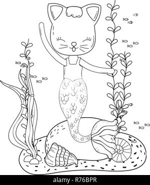 Mignon purrmaid scène sous-marine Illustration de Vecteur