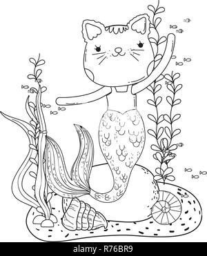 Mignon purrmaid scène sous-marine Illustration de Vecteur