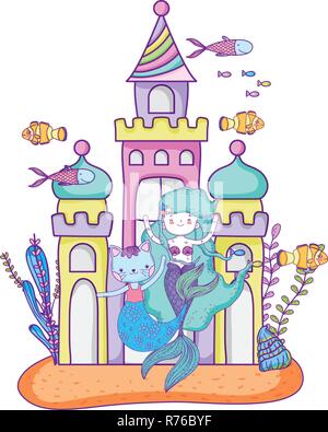 Mignon purrmaid avec sirène et château Illustration de Vecteur