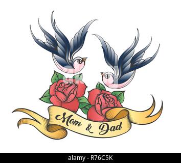 Deux hirondelles et fleurs rose avec l'inscription de maman et papa sur le ruban dessiné dans le style de tatouage. Vector illustration. Illustration de Vecteur