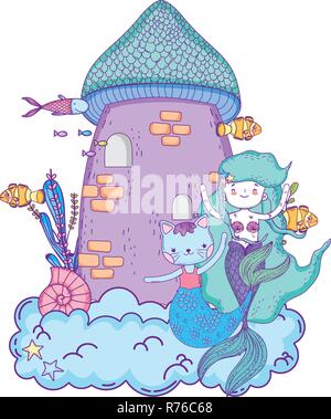 Mignon purrmaid avec sirène et château Illustration de Vecteur