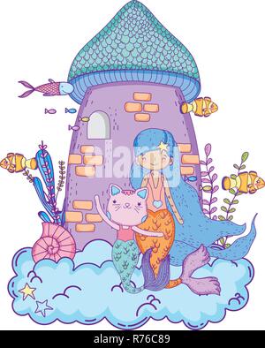 Mignon purrmaid avec sirène et château Illustration de Vecteur