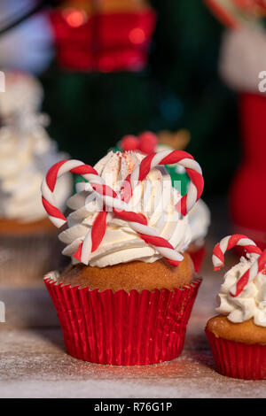 Divers Noël coloré cupcakes avec fond de bois et d'arbres de Noël Banque D'Images