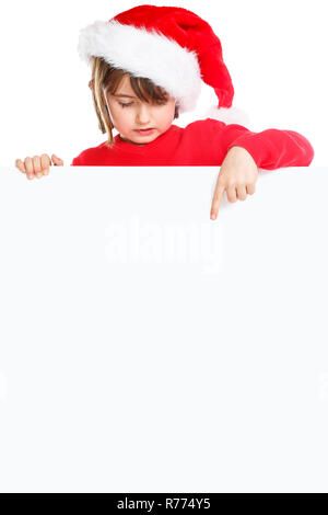 Noël des enfants kid girl Père Noël portrait format bannière vide pointage copyspace isolé sur blanc Banque D'Images