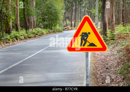 Panneau routier temporaire indiquant les travaux sur une petite route dans la forêt Banque D'Images