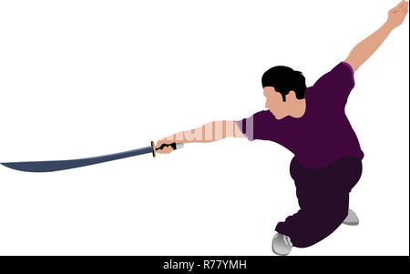 Le Wushu. Le sportif.KongFu dans une position. Sports de combat orientaux. Illustration de Vecteur