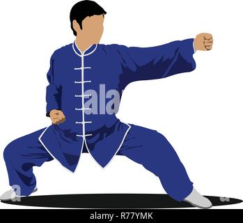 Le Wushu. Le sportif.KongFu dans une position. Sports de combat orientaux. Illustration de Vecteur