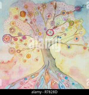 Arbre de vie fantasque avec des couleurs pastel. La technique du badigeonnage près des bords donne un effet de flou en raison de la modification de la rugosité de la Banque D'Images