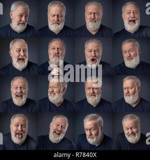Mosaïque de portraits vieil homme avec barbe grise exprimant différentes émotions Banque D'Images