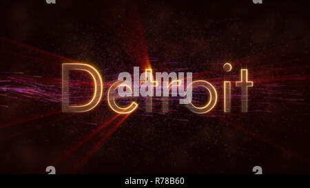 Detroit - United States nom de ville - animation de texte rayons brillants en boucle sur bord du texte sur un arrière-plan tout en remuant, et s'écoulant vers l'étoile Banque D'Images