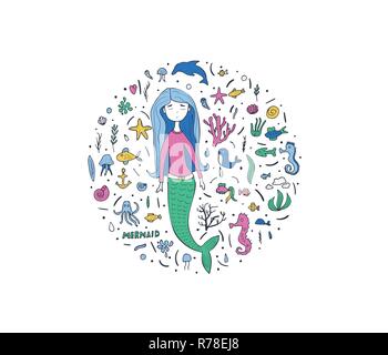 Sirène et mer tout badge dans doodle style. Concept de cercle avec des caractères et des symboles. Vector illustration. Illustration de Vecteur