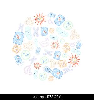 Ensemble de la biologie de couleurs vives, bactéries et virus les cellules disposées en cercle sur fond blanc Illustration de Vecteur