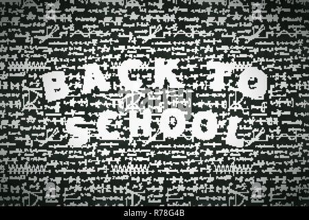 Beaucoup d'équations et formules mathématiques de base avec le retour à l'école expression, craie blanche sur tableau noir de l'école Illustration de Vecteur