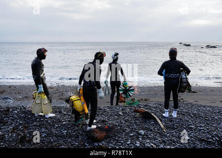 La préparation pour la plongée plongeurs Ama sur une plage de galets, Mie, Japon Banque D'Images